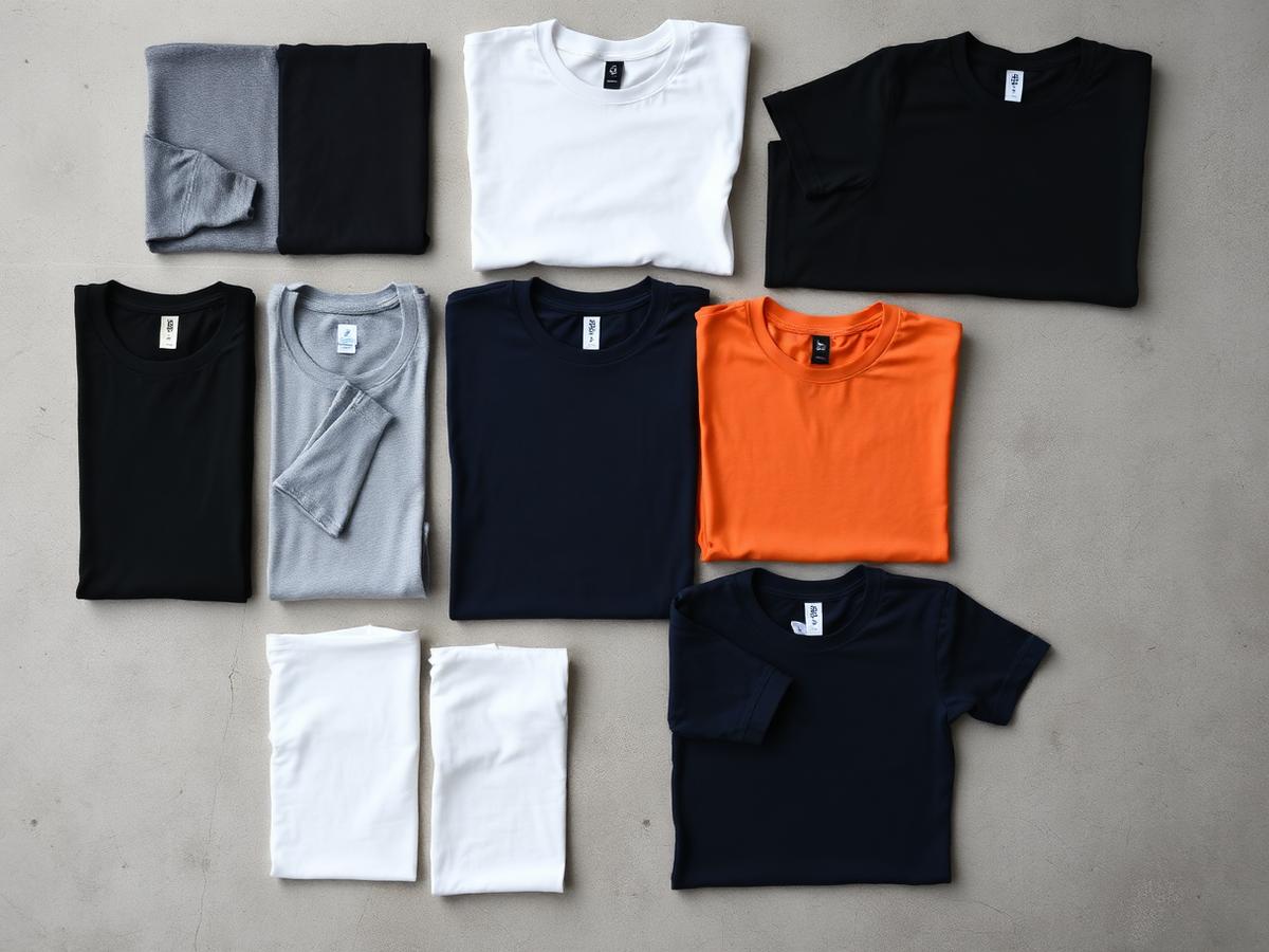 Folded blank shirts in black, white, grey, navy and orange